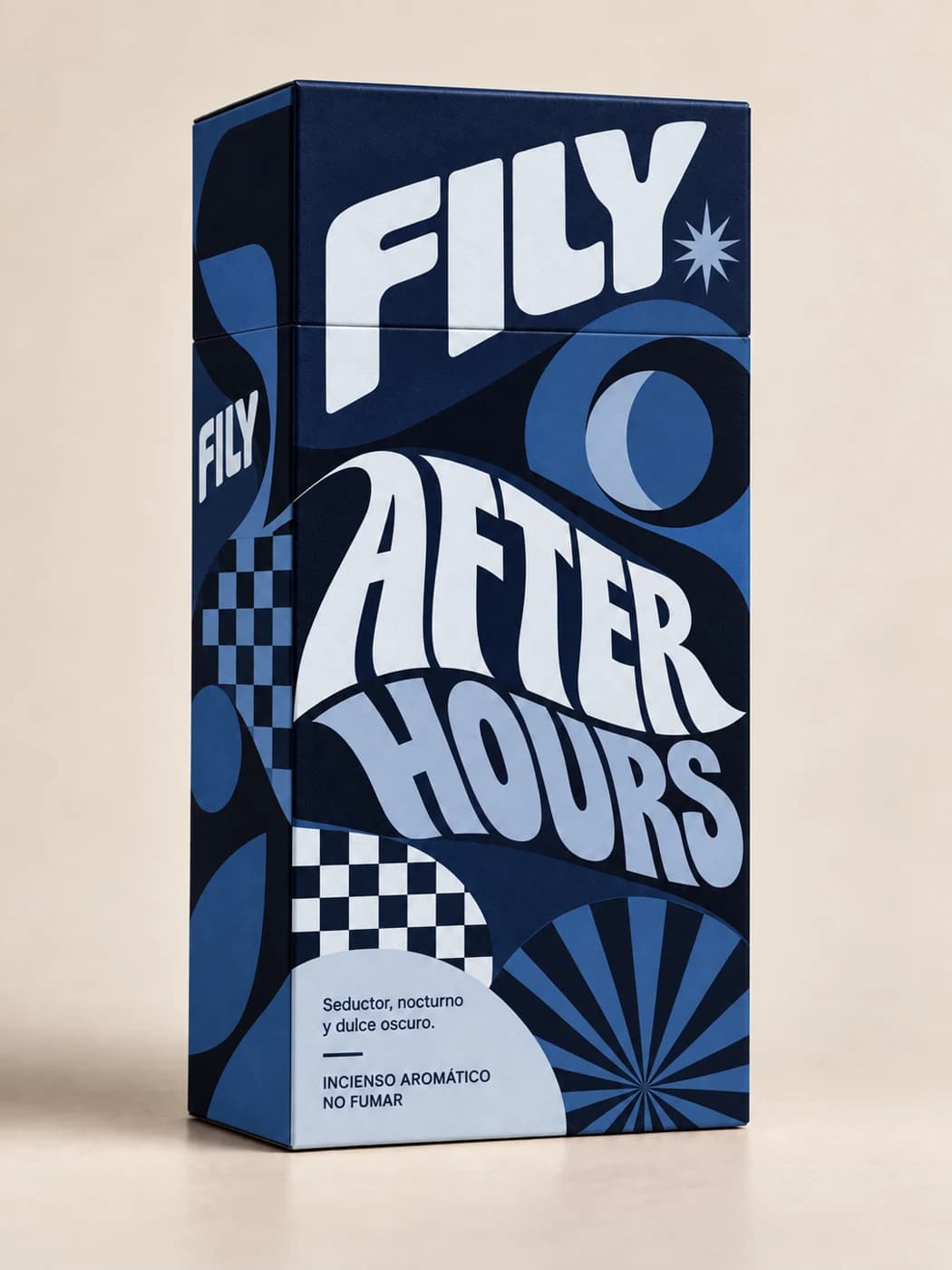Caja FILY After Hours: gráfica psicodélica en gradiente de azules noche