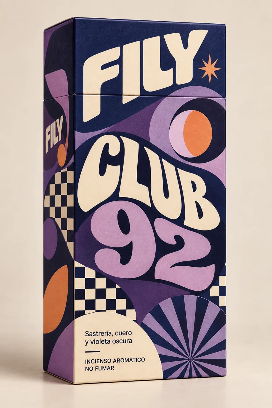 Caja FILY Club 92: gráfica psicodélica violeta y azul marino con acentos naranjas