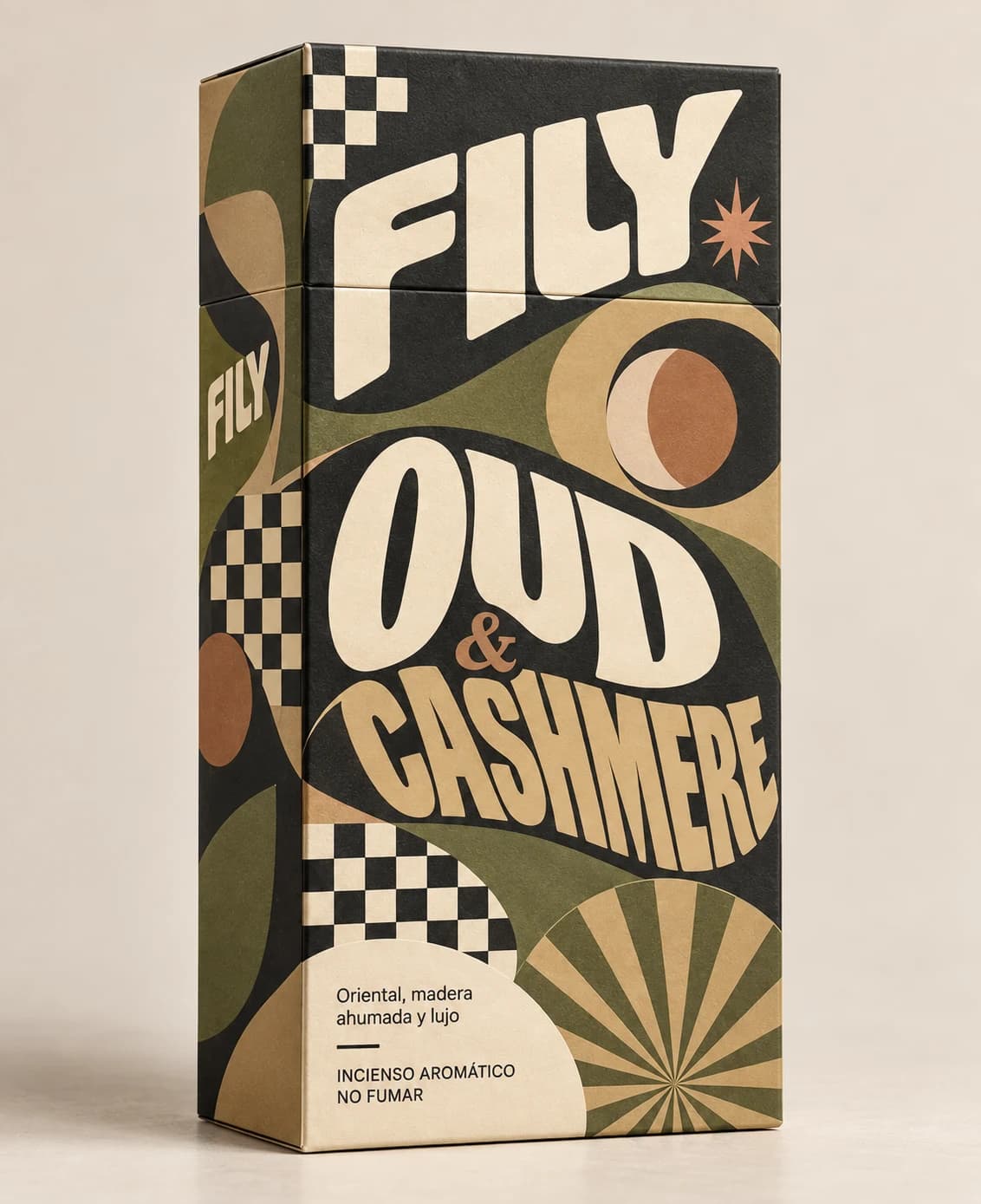 Caja FILY Oud & Cashmere: gráfica psicodélica verde oliva, ocre y negro