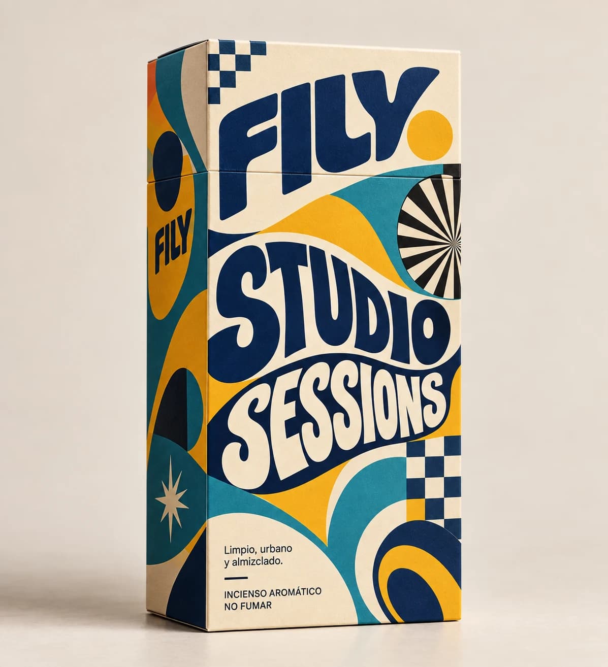 Caja FILY Studio Sessions: gráfica psicodélica azul cobalto, mostaza y cian
